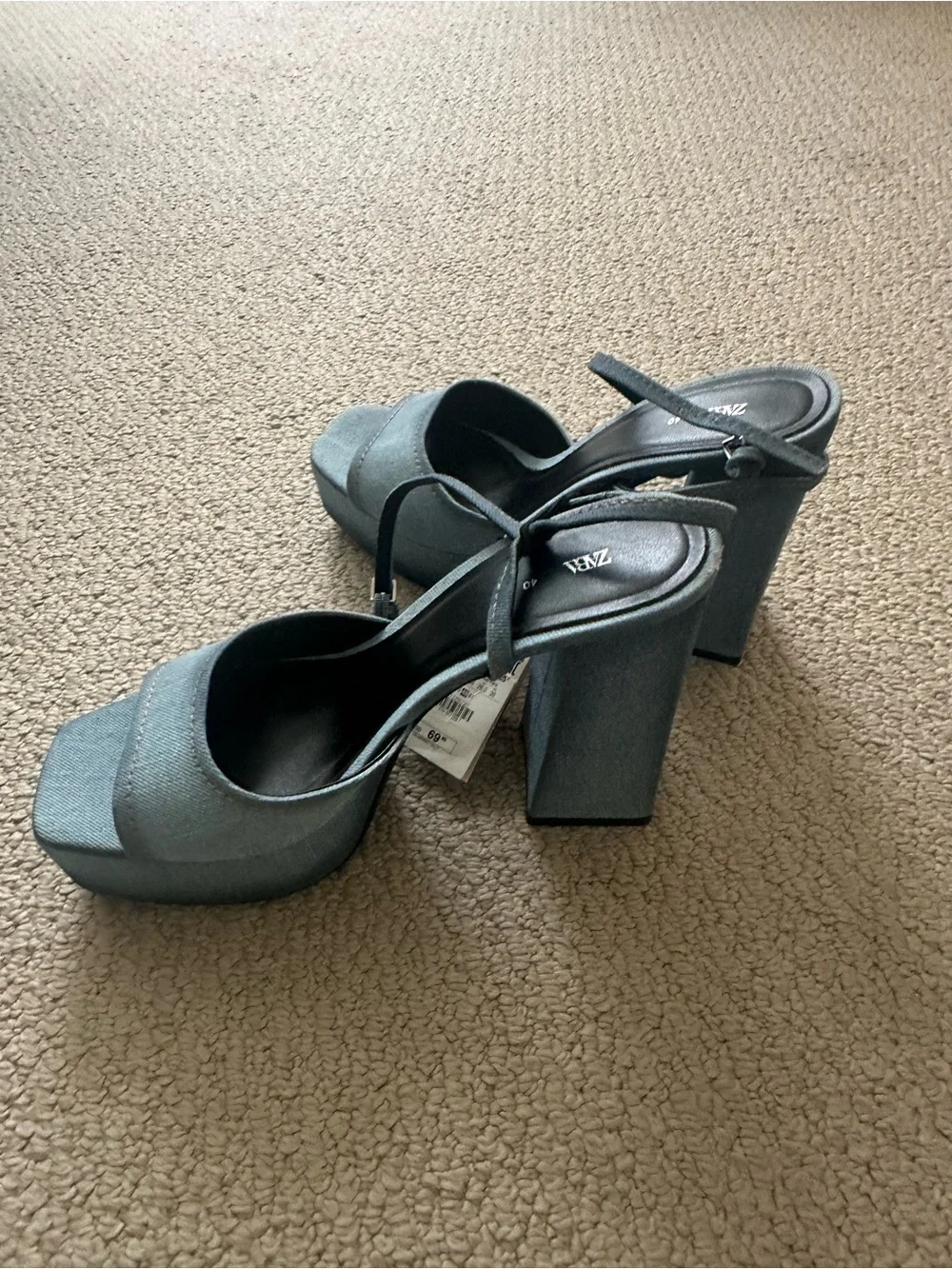 Zara Denim Platform Block Heel Sandal in Light Blue